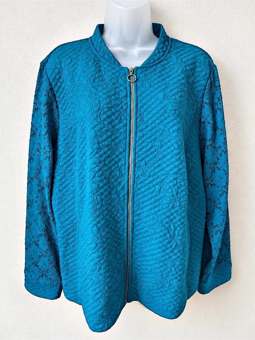 Isaac Mizrahi Live Jacket XL Teal Quilted Lace Sleeve Zip Front